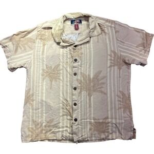 La Cabana Palm Tree Print Camp Shirt Vacation Tropical Beige Medium Boho Beach‎